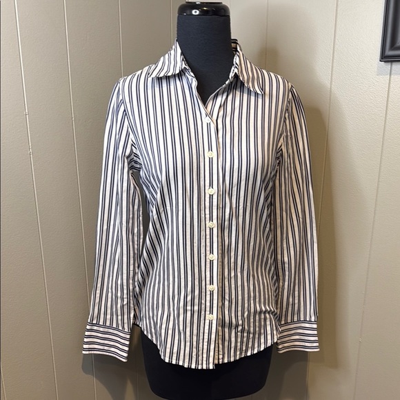 Banana Republic Navy and White Striped Women's Small Button Down Shirt - Picture 1 of 5